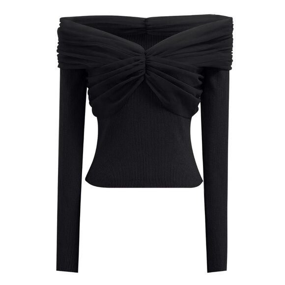 CHICWISH - Off-Shoulder Mesh Spliced Knit Top - Black - Size : S/M - Picture 2 of 7